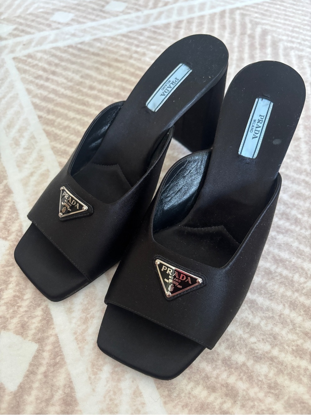 Prada Black Satin Triangular Logo Mule Heels - Picture 6 of 7